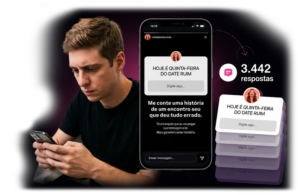 Pessoa no celular, story do Date Ruim e respostas