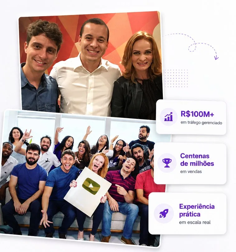 Bastidores da trajetória: participações em TV, o time comemorando a placa do YouTube, mais de R$100 milhões em tráfego gerenciado e centenas de milhões em vendas.